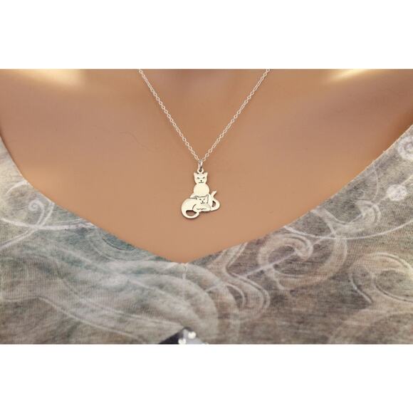 Sterling Silver Two Layer Mom and Baby Cat Charm Necklace - Picture 2 of 3